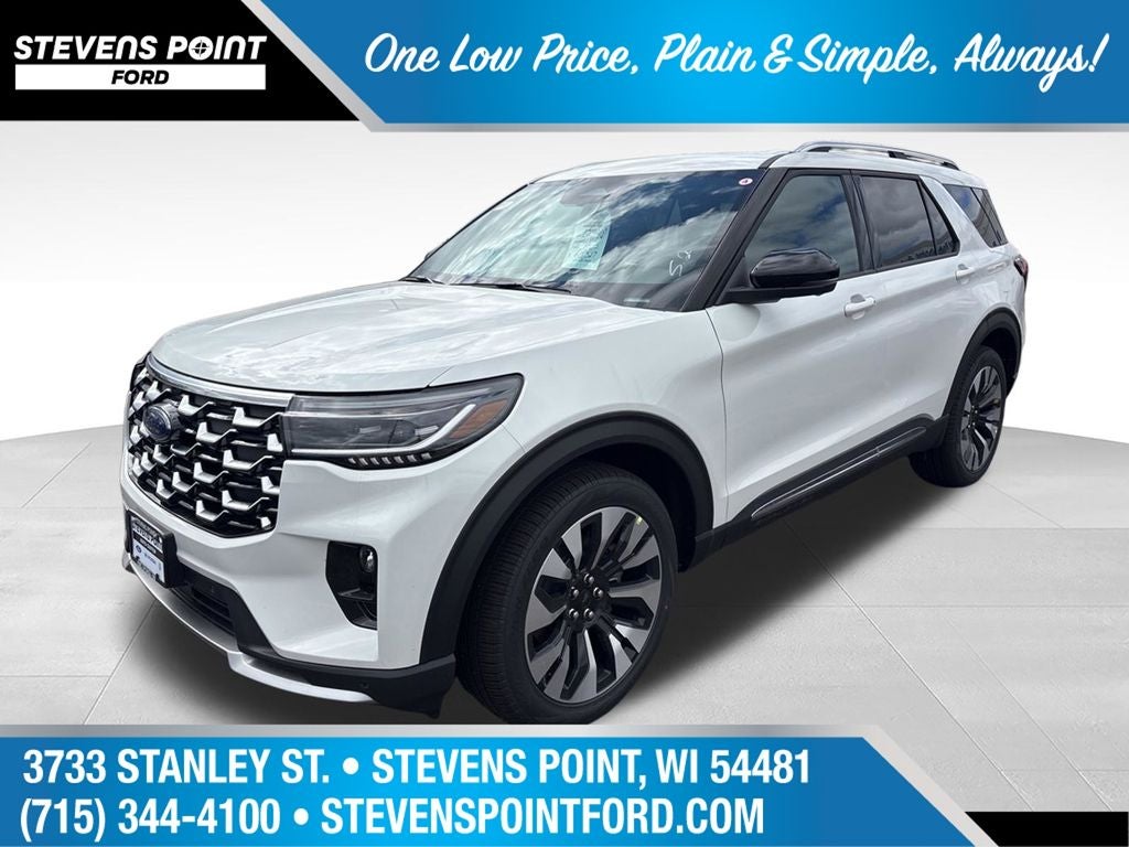 2026 Ford Explorer Platinum in White Metallic — front three-quarter view