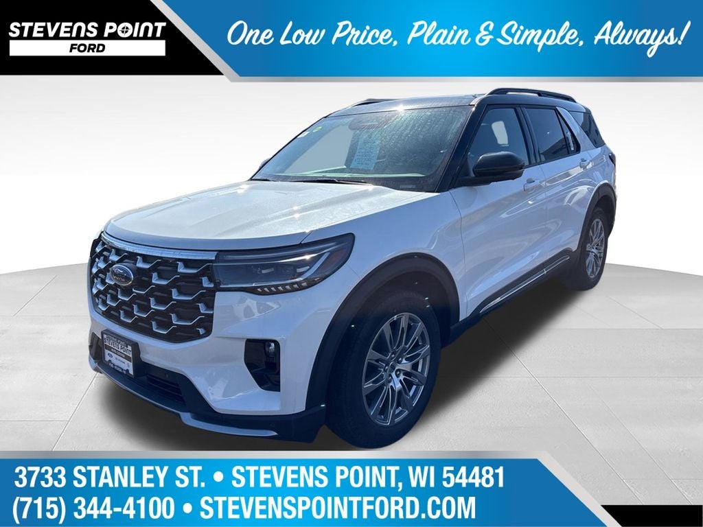 2026 Ford Explorer Platinum in White Metallic — front three-quarter view
