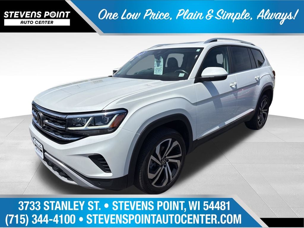 2023 Volkswagen Atlas 3.6 SEL in Opal White Pearl — front three-quarter view